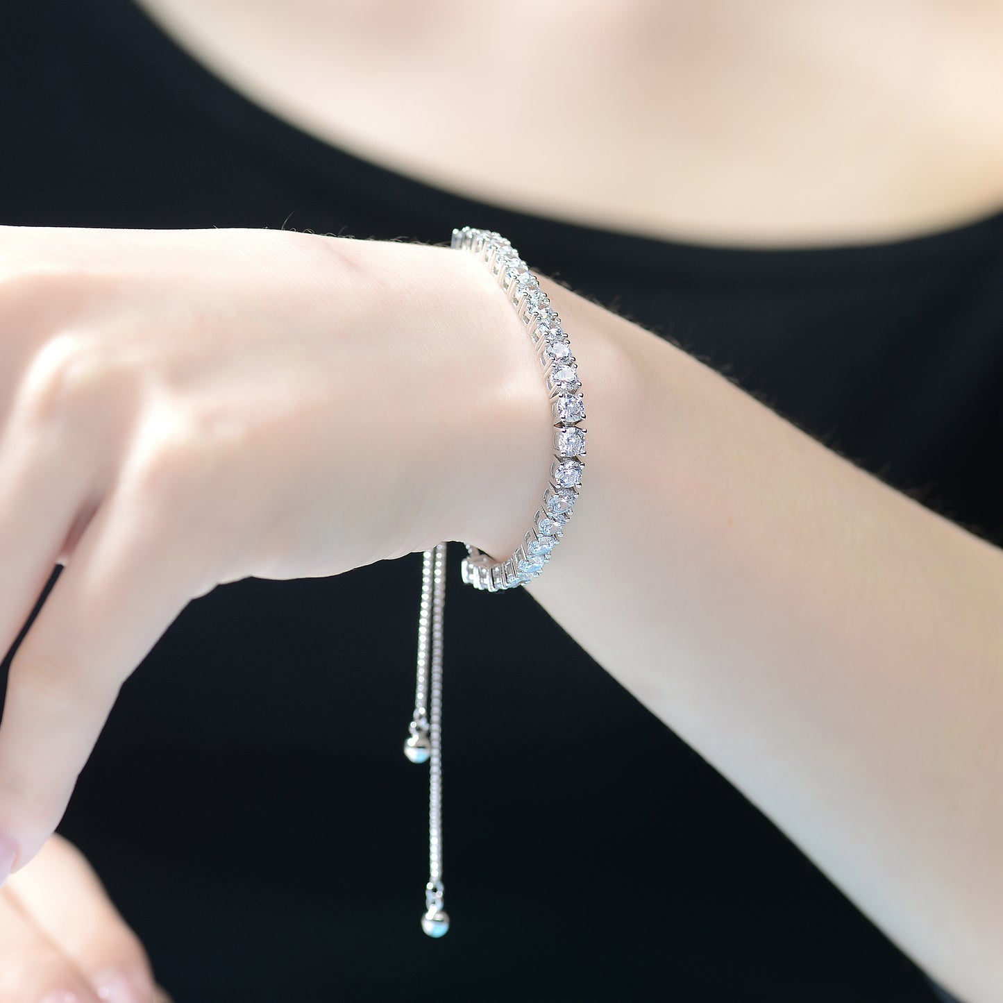 Tennis Bracelet - Bolo Adjustable - Cubic Zirconia - Platinum Plated
