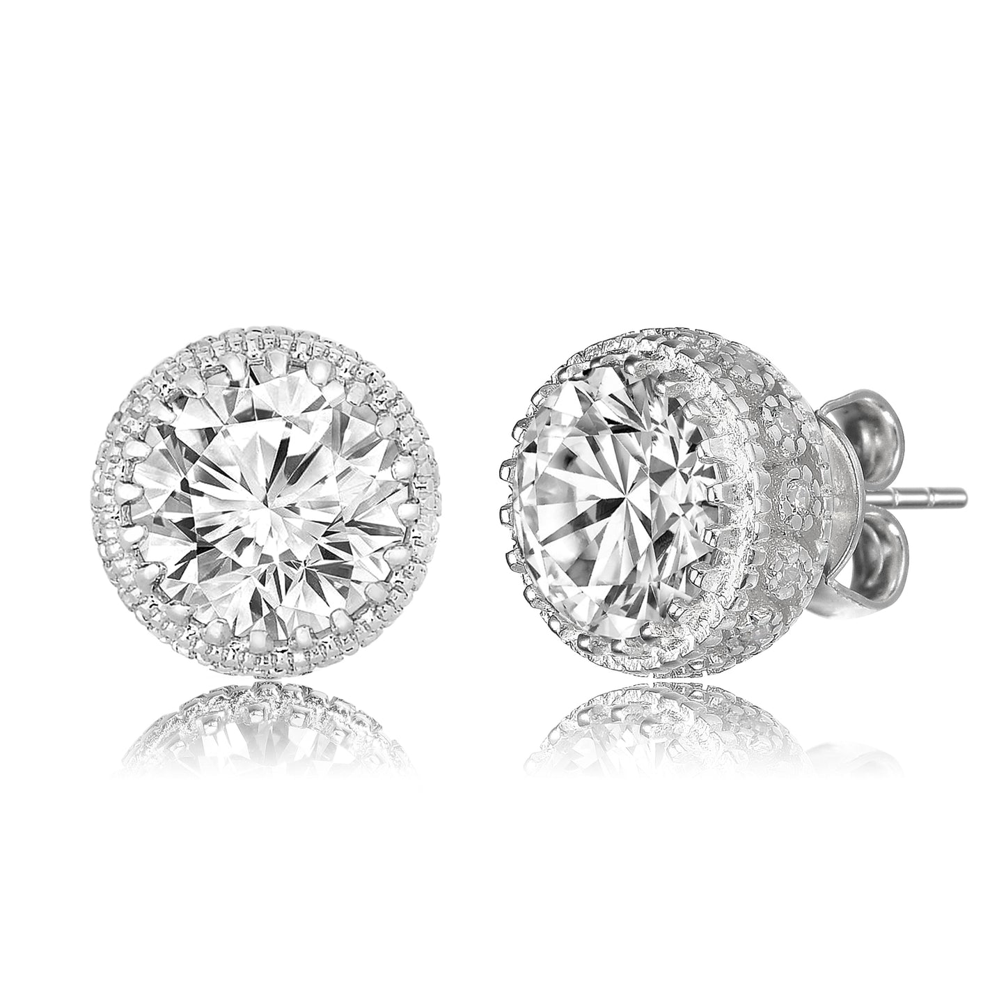 Sterling Silver with 4ctw Lab Created Moissanite Solitaire Crown Pave Stud Earrings