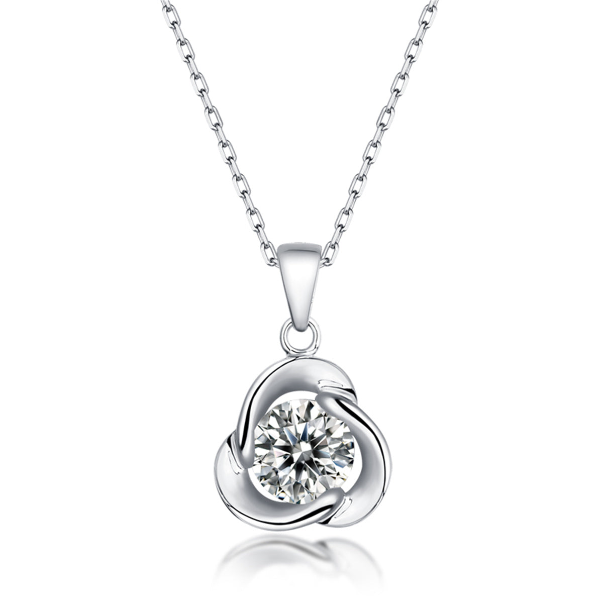 Sterling Silver with 1ct Round Moissanite Solitaire Flower Swirl Pendant Necklace
