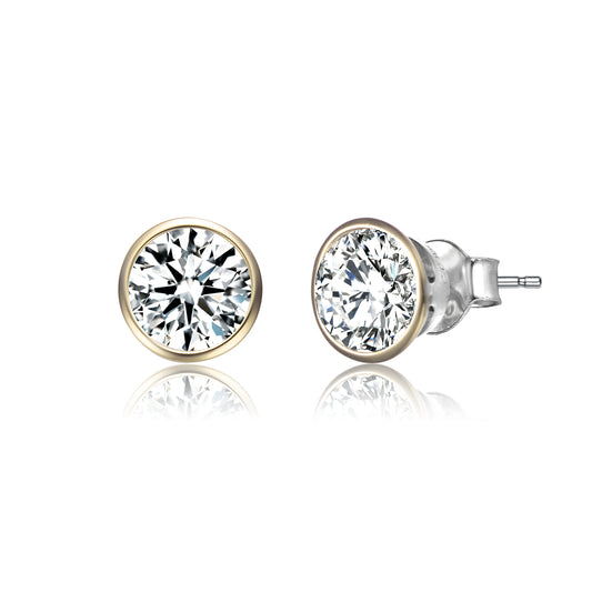 Sterling Silver 14k Yellow Gold Plated with 2.40ctw Round Lab Created Moissanite Modern Bezel Stud Earrings