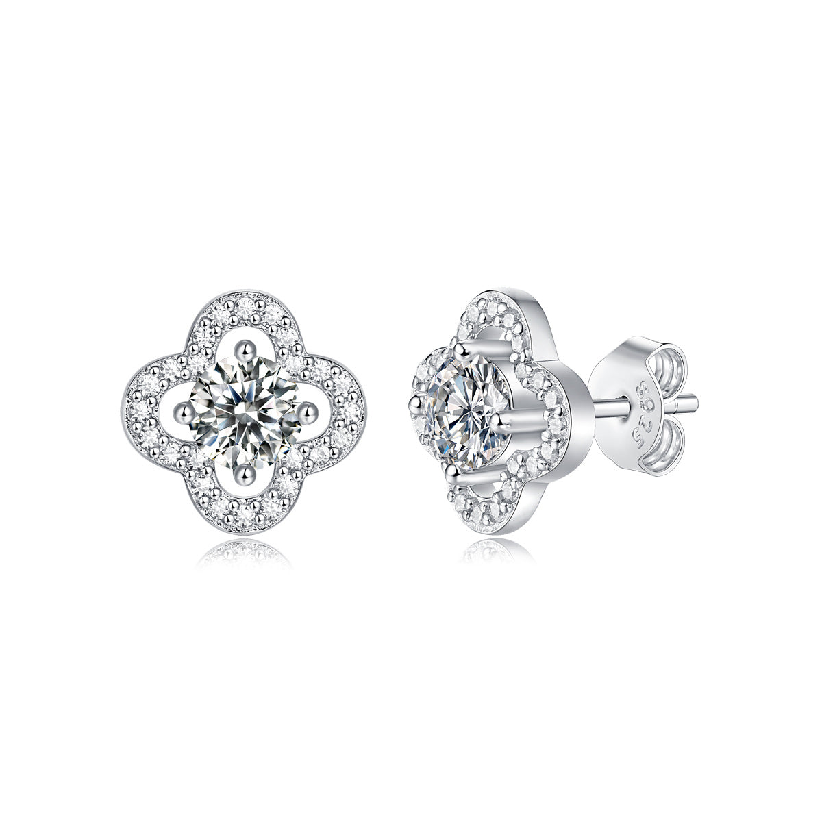 Sterling Silver with 0.50ctw Lab Created Moissanite Four-Leaf Halo Cluster Stud Earrings