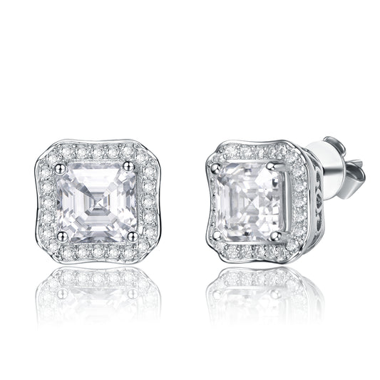 Sterling Silver with 2.50ctw Radiant Lab Created Moissanite Halo Vintage Geometric Square Stud Earrings