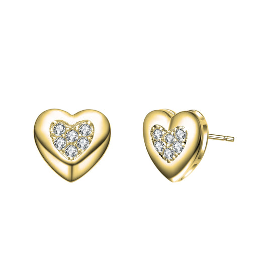 Sterling Silver 14k Yellow Gold Plated with 0.18ctw Lab Created Moissanite Pave Heart Stud Earrings