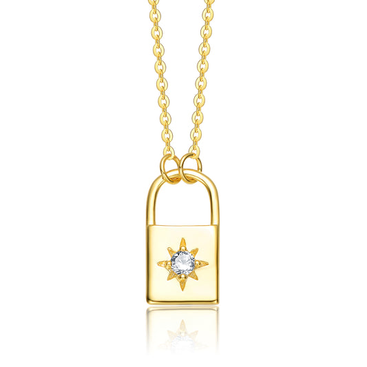 Sterling Silver 14k Yellow Gold Plated with 0.60ctw Lab Created Moissanite Padlock Pendant Necklace