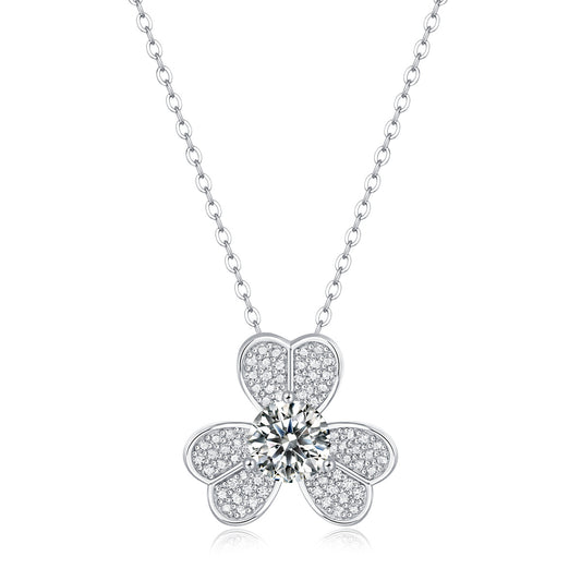 Sterling Silver with 1ctw Lab Created Moissanite French Pave Blooming Flower Solitaire Pendant Necklace