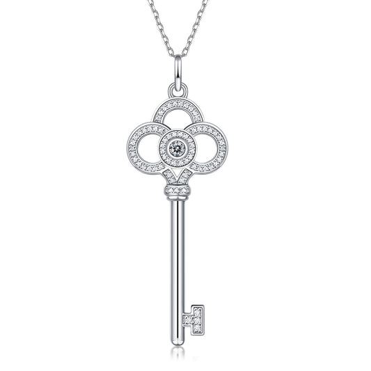 Sterling Silver with 0.10ctw Lab Created Moissanite Skeleton Key Eternity Circle Pendant Necklace