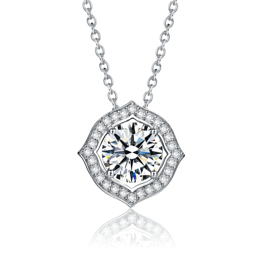 Sterling Silver with 1ctw Lab Created Moissanite Round Halo Vintage Style Pendant Necklace