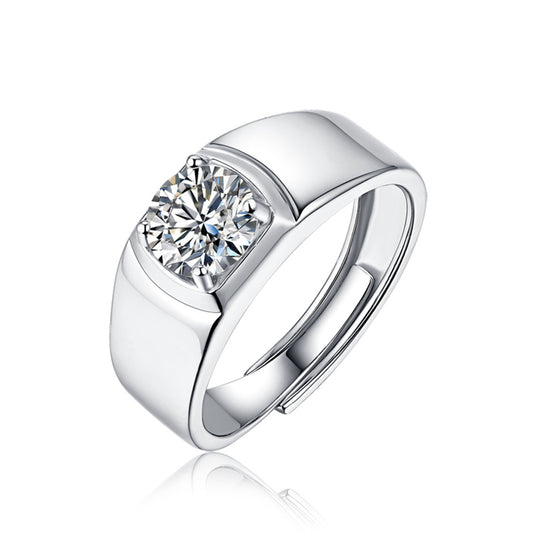 Sterling Silver with 1ct Round Lab Created Moissanite Flush Set Solitaire Engagement Anniversary Adjustable Ring