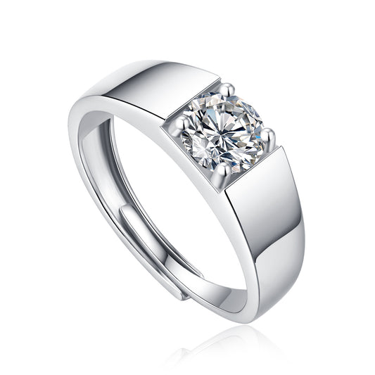 Sterling Silver with 0.50ct Round Lab Created Moissanite Flush Set Solitaire Engagement Anniversary Adjustable Ring