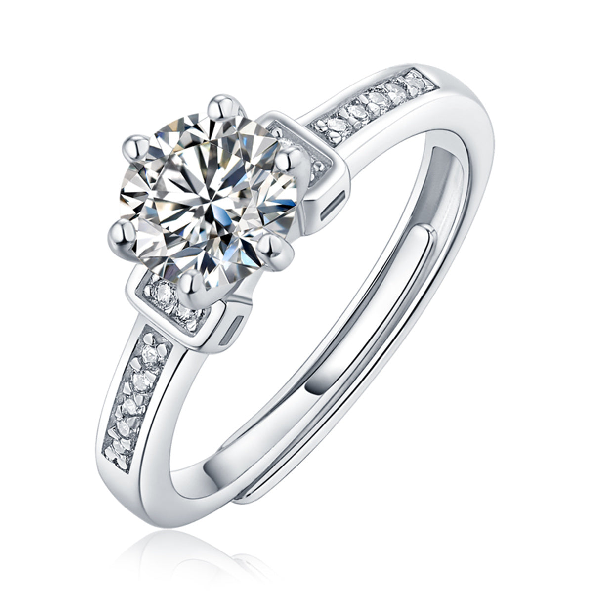 Sterling Silver with 1ctw Round Lab Created Moissanite Solitaire Step Engagement Anniversary Promise Adjustable Ring