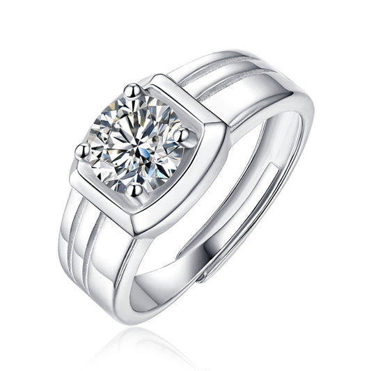 Sterling Silver with 1ct Round Lab Created Moissanite Solitaire Grooved Engagement Anniversary Adjustable Ring