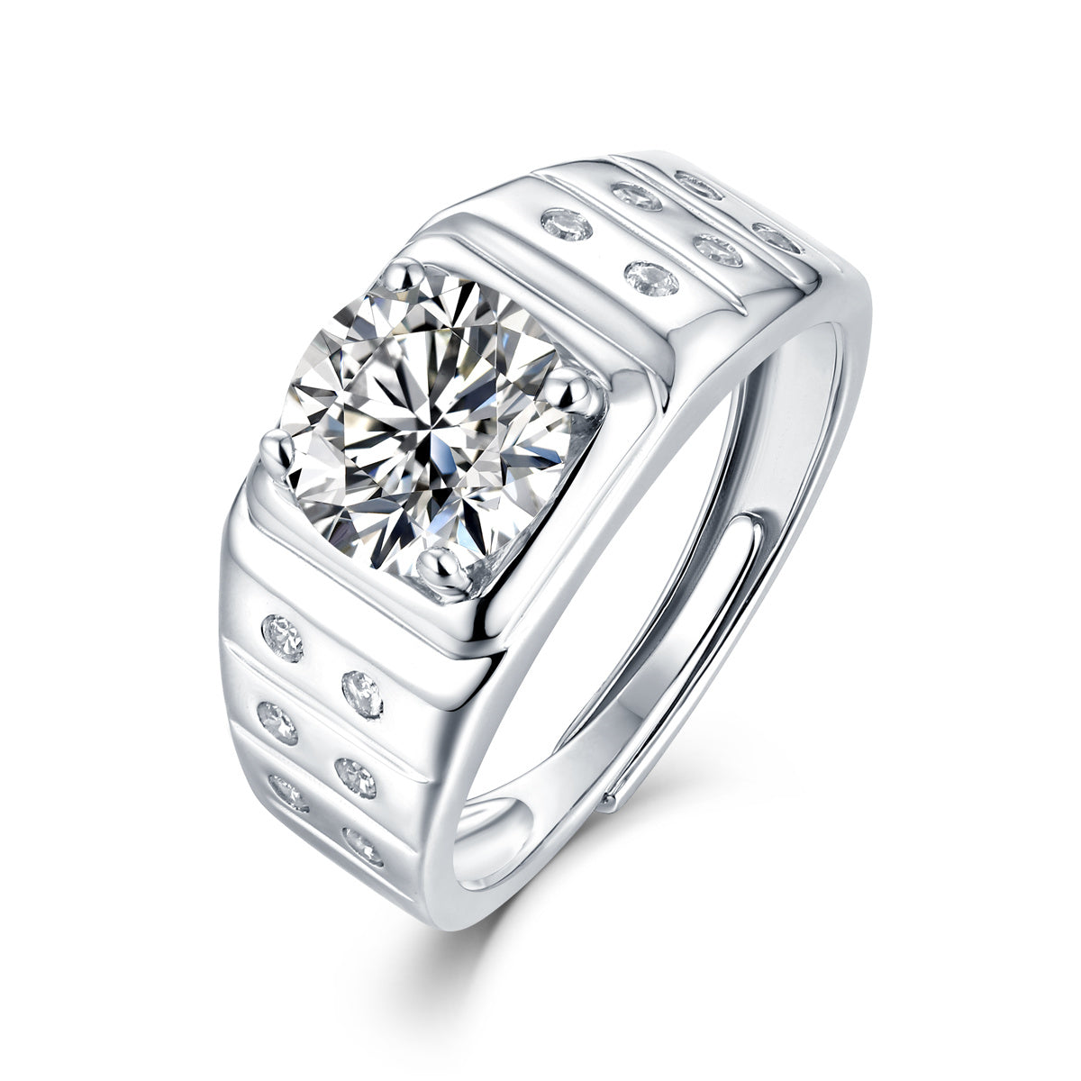 Sterling Silver with 1.25ctw Lab Created Moissanite Solitaire & Bezel Sides Engagement Anniversary Adjustable Ring